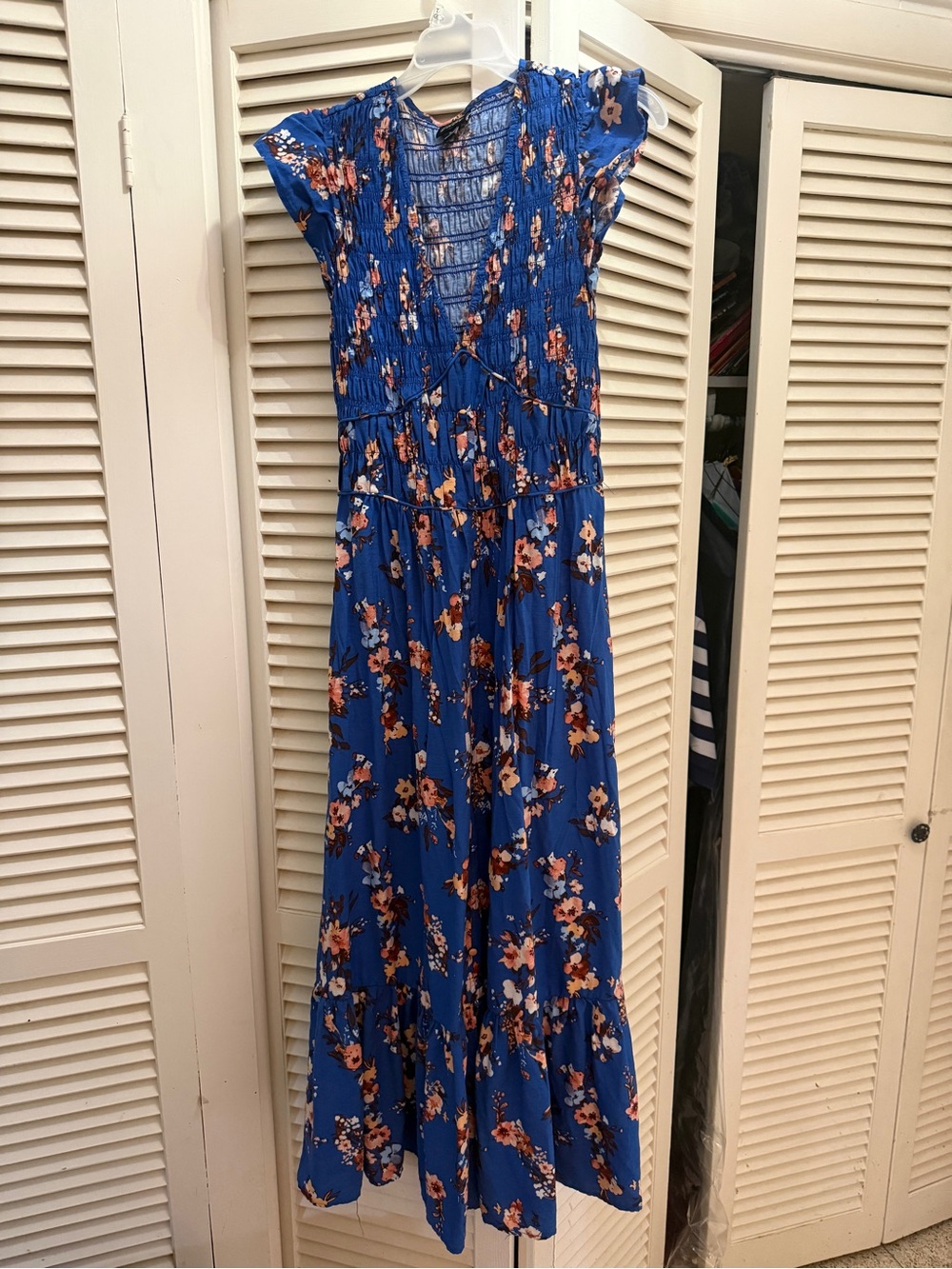 Blue Floral Maxi Dress with Smocked Bodice